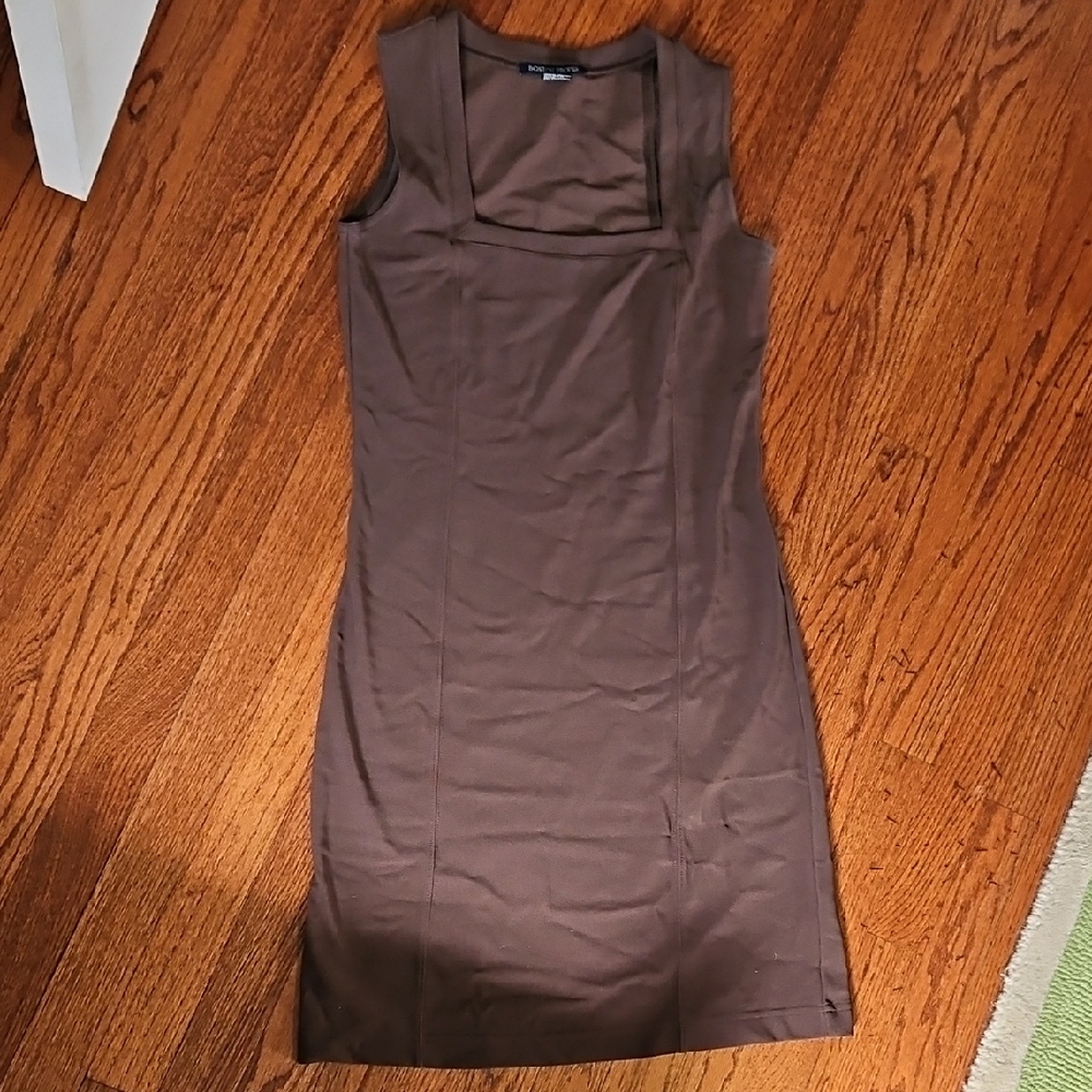 Boston Proper Beyond Travel Square Neck Shift Mini Brown Sleeveless Dress